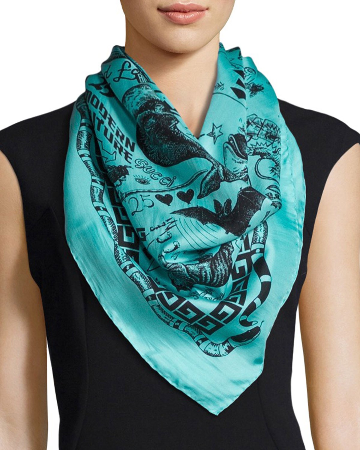Gucci Noodle Foulard Takeout Print Silk Twill Scarf