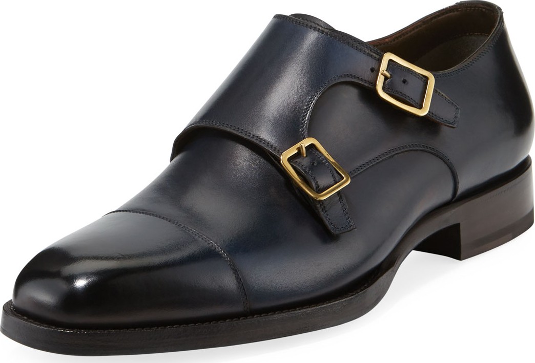 TOM FORD Men's Burnished Double-Monk Leather Loafers