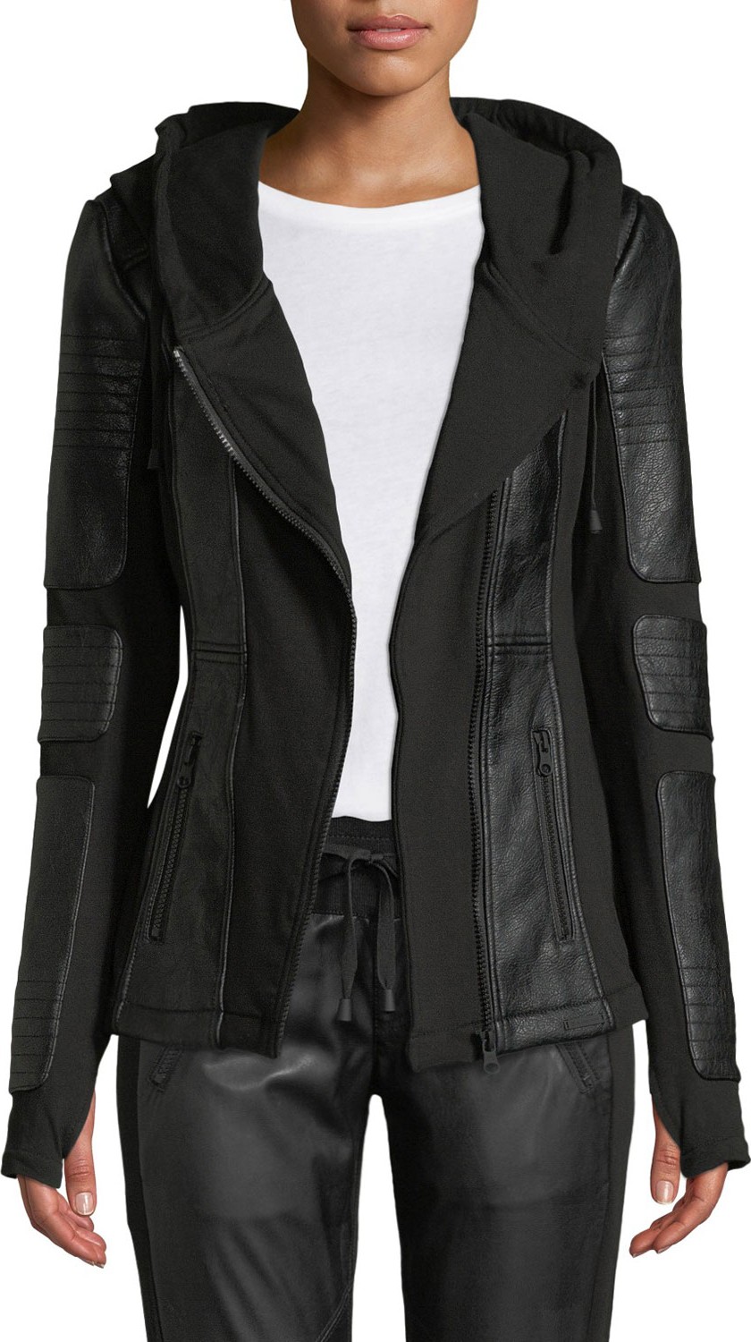 Blanc Noir Asymmetrical Hooded Terry Moto Jacket