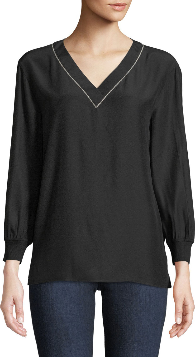 Lafayette 148 New York V-Neck Long-Sleeve Matte Silk Blouse w/ Rib Trim