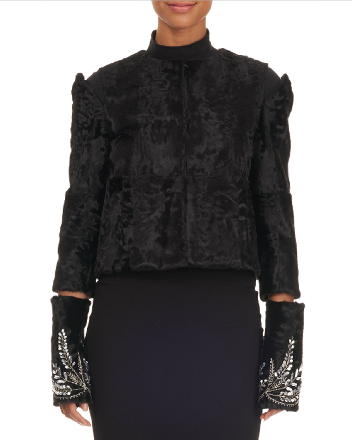 Oscar De La Renta Shearling Fur Bolero Jacket w/ Cutouts & Beaded Trim