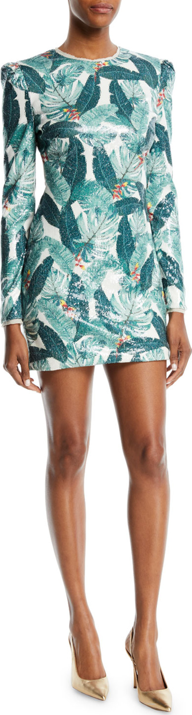 Rachel Zoe Amelia Sequin Palm-Print Open-Back Mini Dress