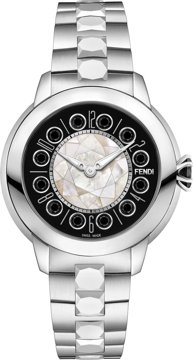 Fendi 33mm IShine Stainless Steel Bracelet Watch w/Black Spinel