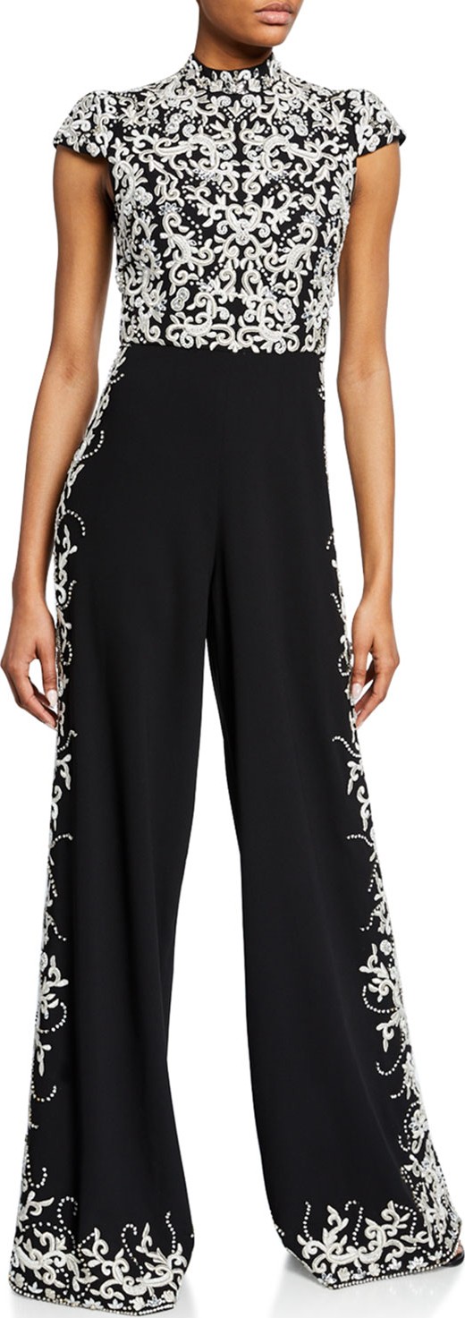 Alice + Olivia Dania Embellished Mock-Neck Cap-Sleeve Jumpsuit