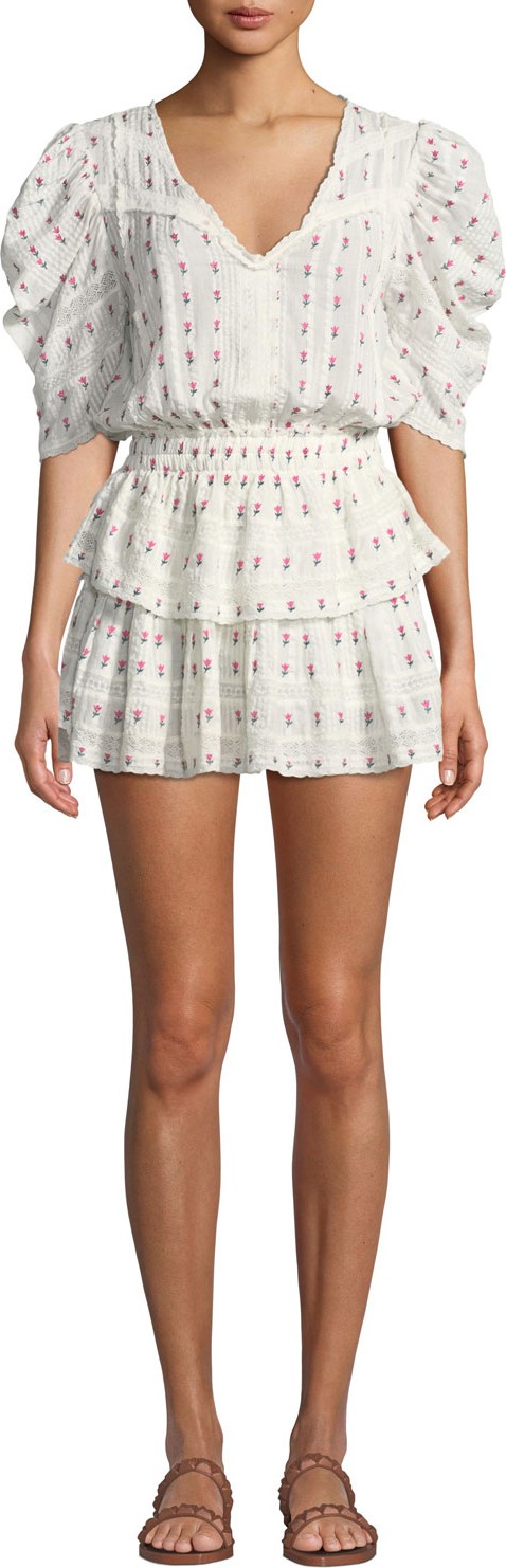 LOVESHACKFANCY Marissa Puff-Sleeve Floral Flounce Mini Dress