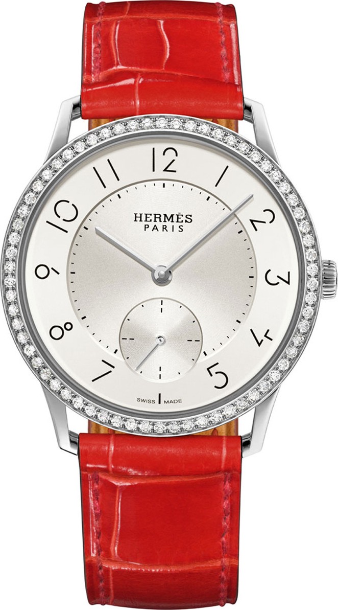 HERMÈS 39.5mm Slim d'Hermes Watch with Diamonds & Alligator Strap, Red