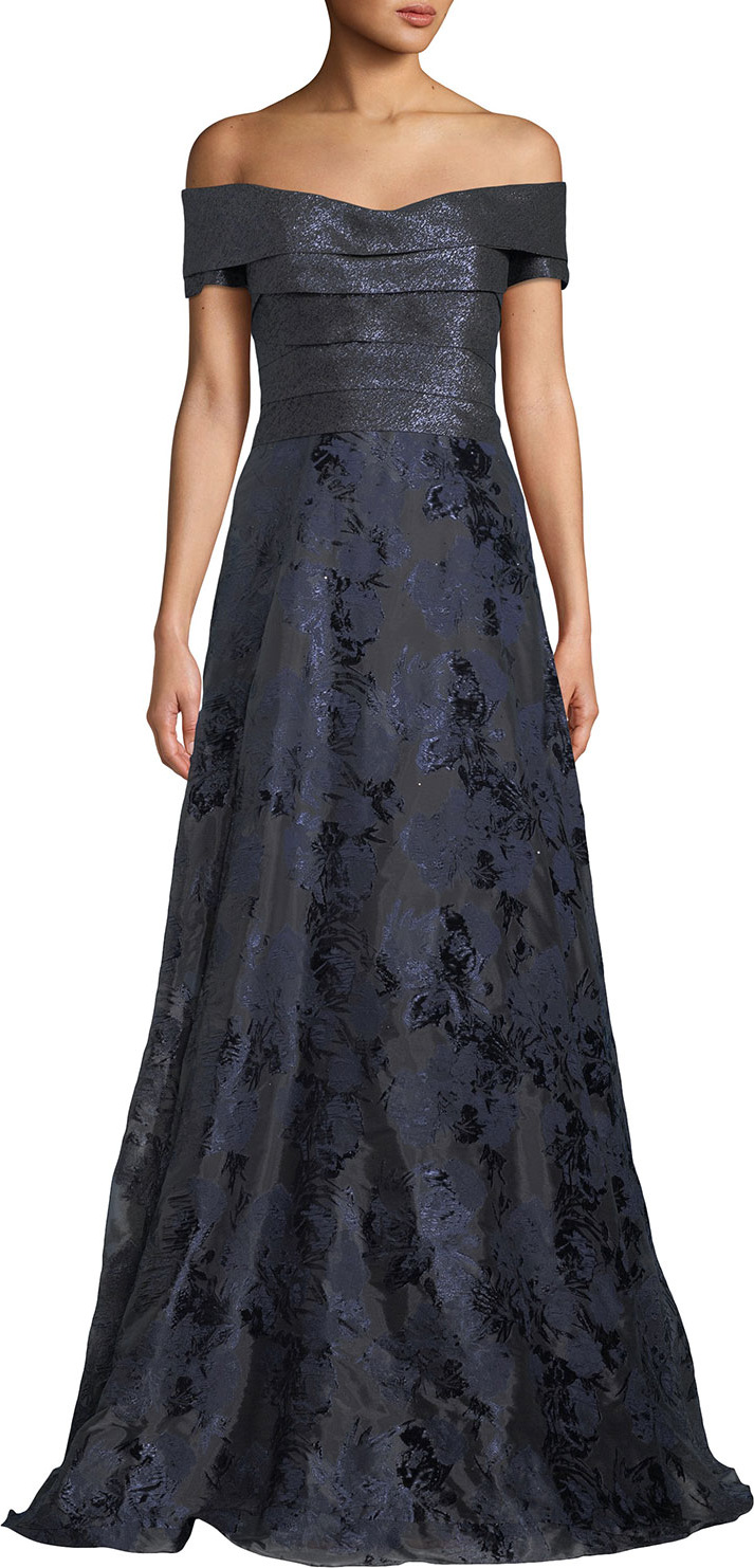 RENE RUIZ Off-the-Shoulder Metallic Ball Gown