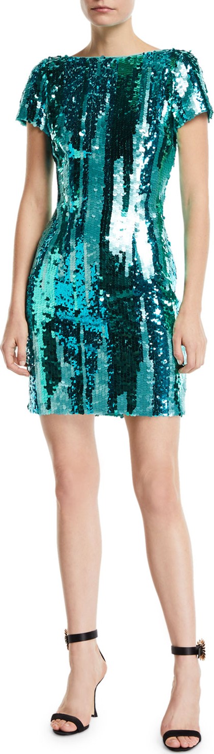 Aidan by Aidan Mattox Striped Sequin Short-Sleeve Mini Cocktail Dress