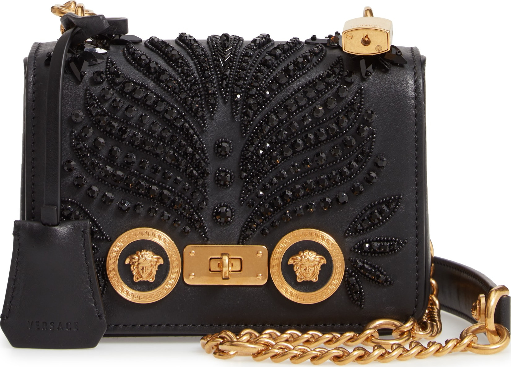 Versace Small Icon Crystal Embellished Leather Crossbody Bag
