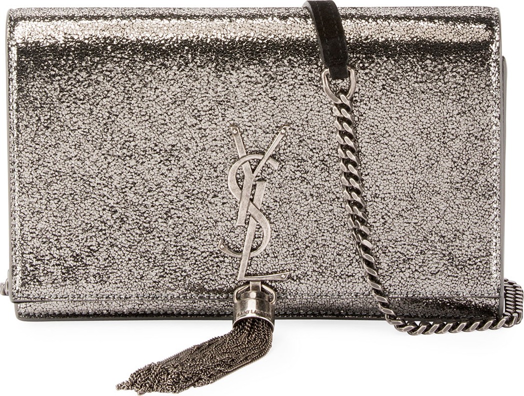 Saint Laurent Kate Monogram YSL Small Crackled Metallic Tassel Wallet on Chain - Light Bronze Hardware