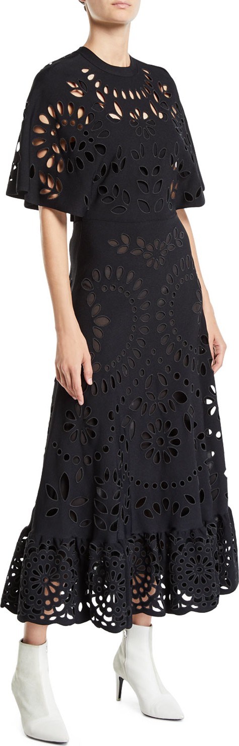 Valentino Eyelet Embroidered Short-Sleeve Ankle-Length Dress