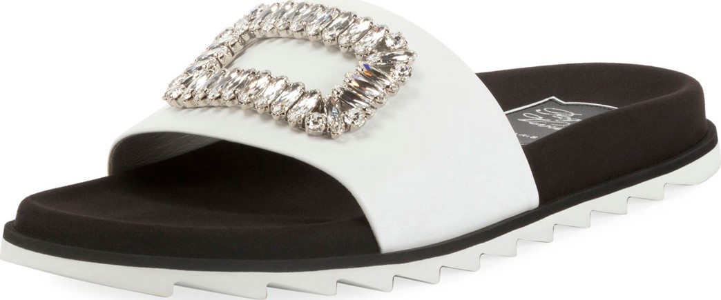 Roger Vivier Slidy Viv Strass Buckle Flat Sandals, White