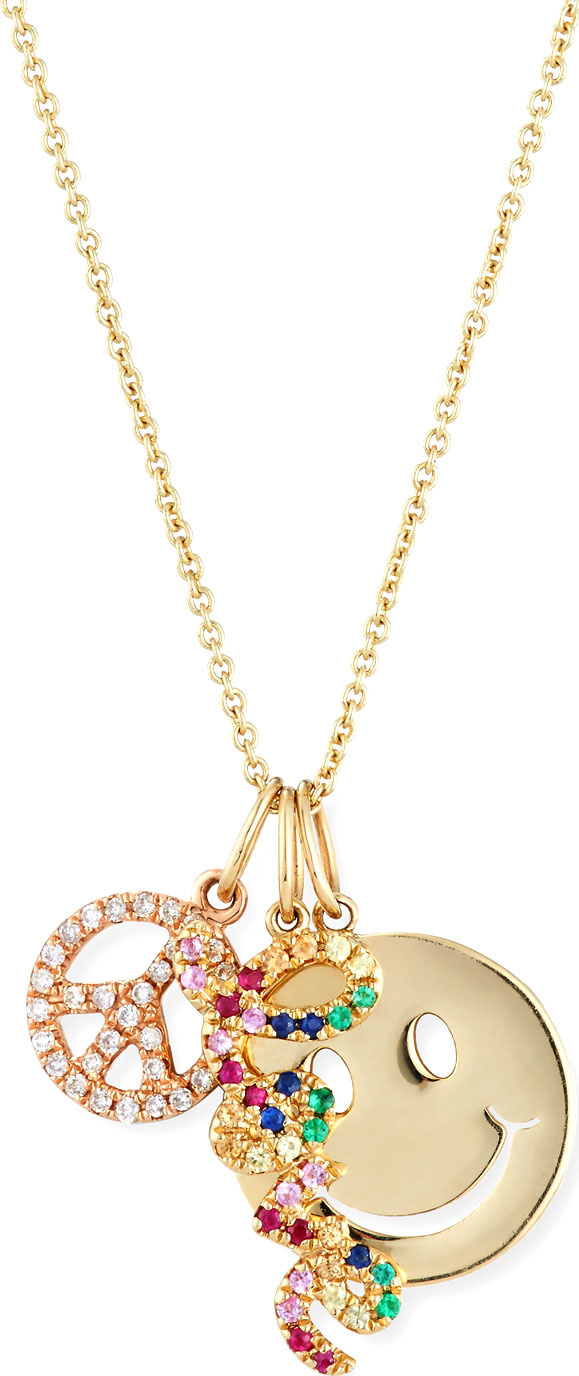 Sydney Evan Peace, Love & Happiness Charm Necklace with Diamonds & Sapphires