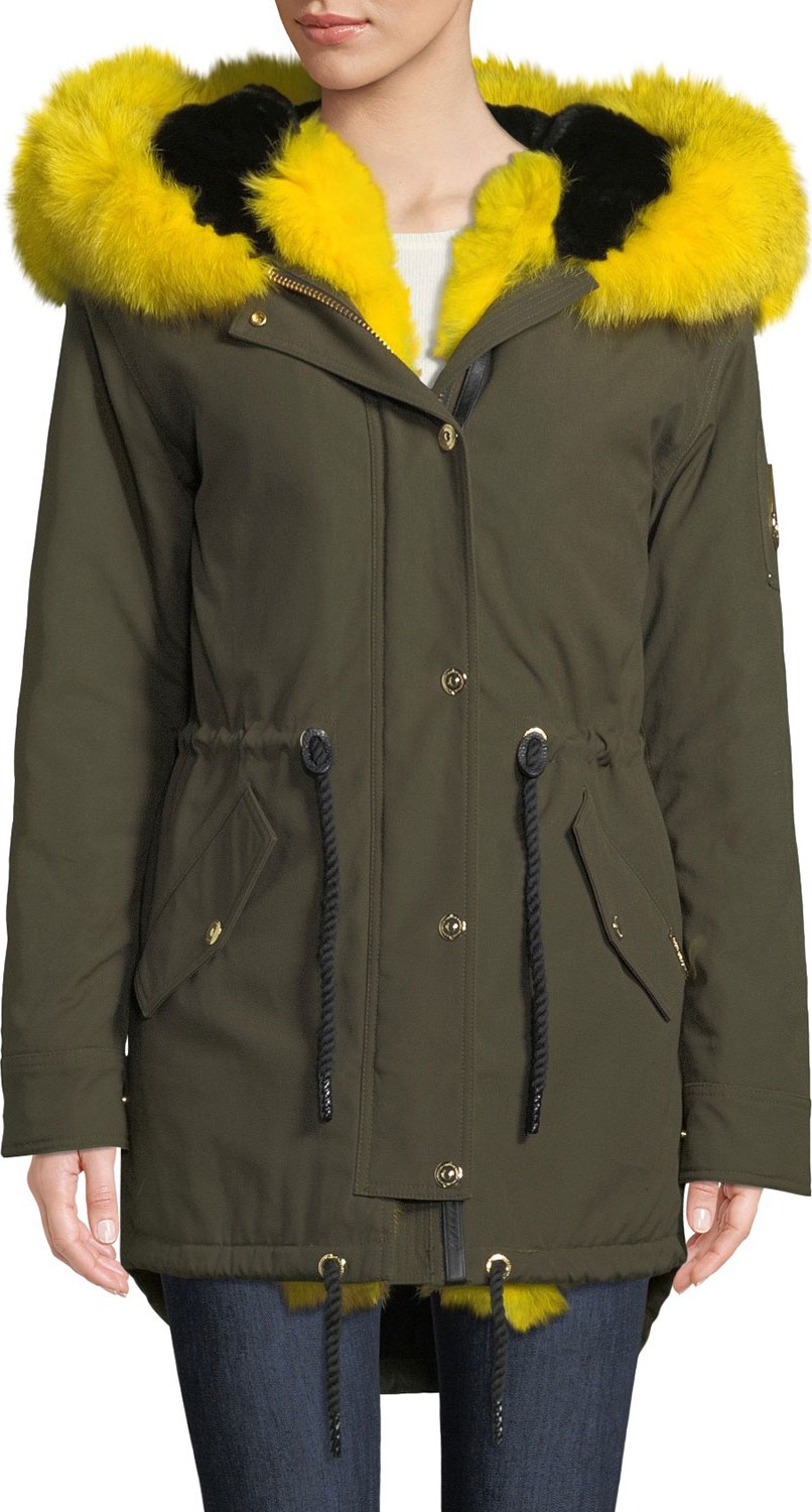 Moose Knuckles Stellar Long-Sleeve Hooded Canvas Parka Jacket w/ Fur Trim