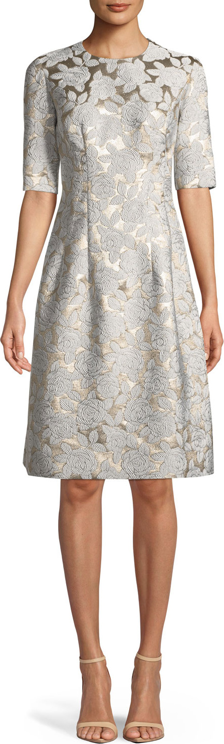 Lela Rose Holly Floral-Jacquard Elbow-Sleeve A-Line Dress