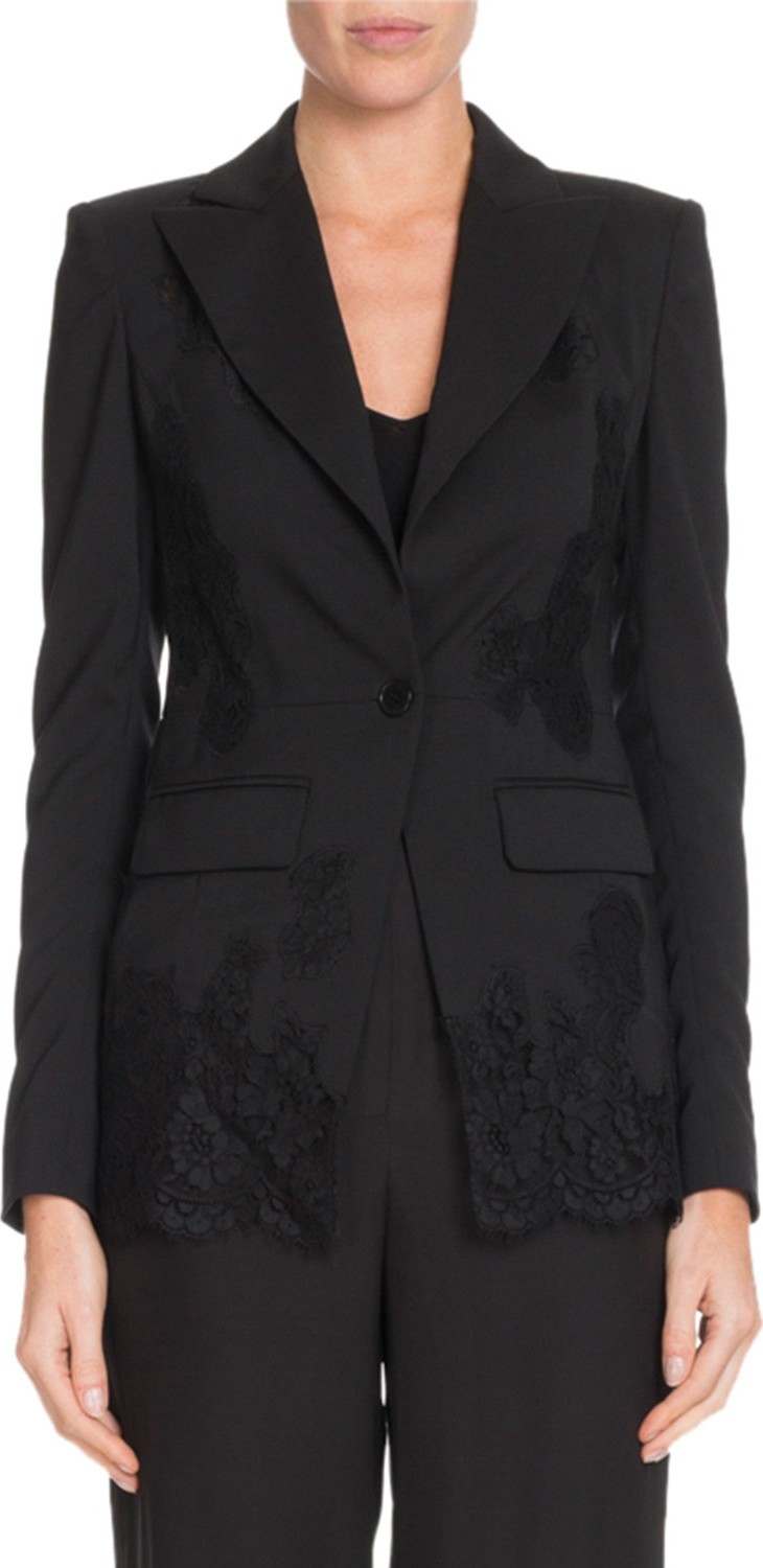 Altuzarra Tonal Lace One-Button Wool Blazer w/ Lace Panels