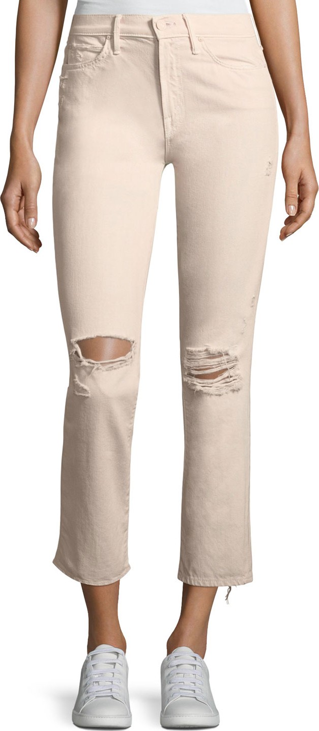 MOTHER High-Waist Straight-Leg Distressed Ankle Jeans
