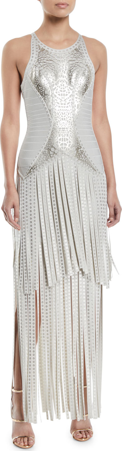 Herve Leger Sleeveless Foil Fringe Bandage Evening Gown w/ Racerback