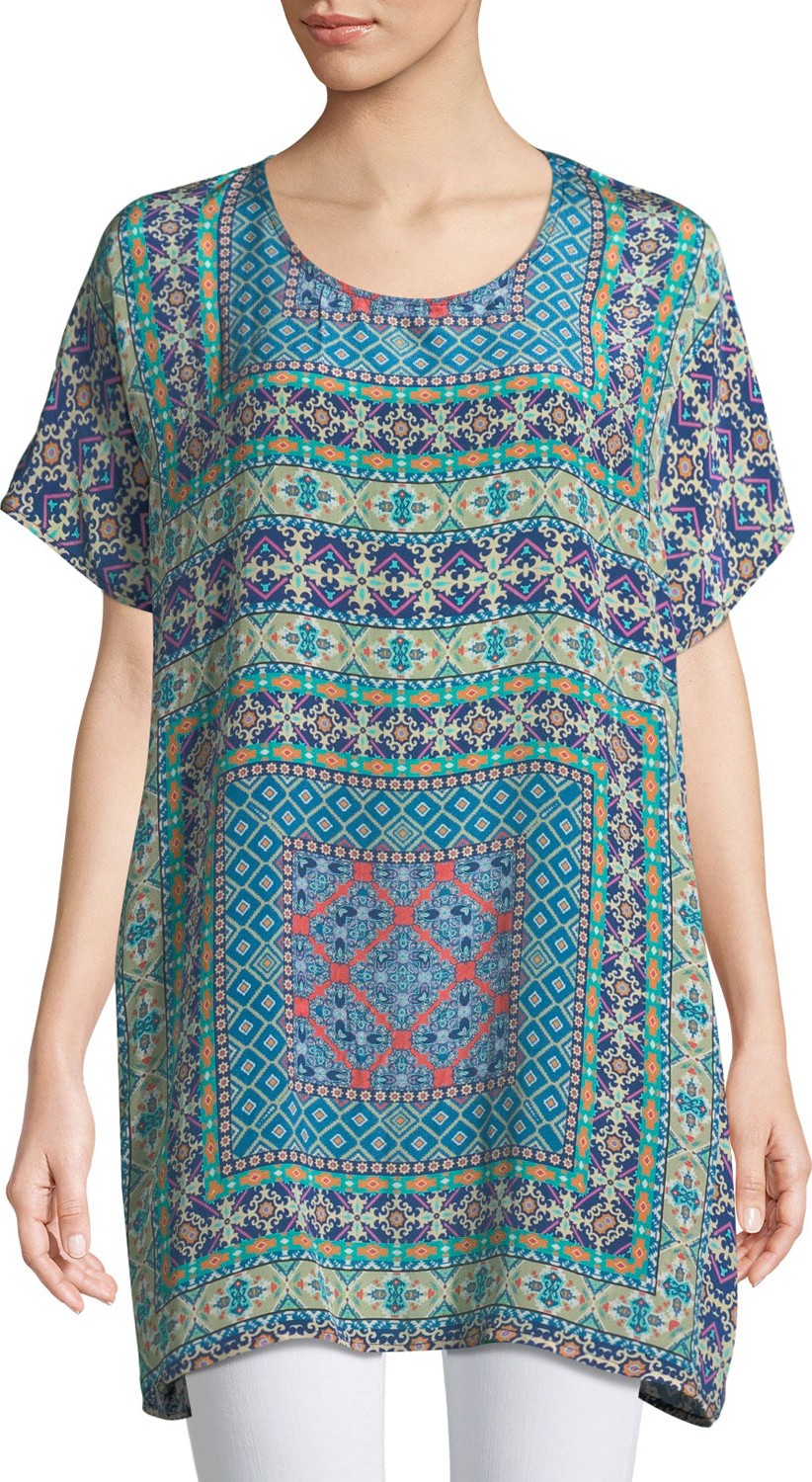 Tolani Tiffany Printed Silk Tunic w/ Keyhole Back