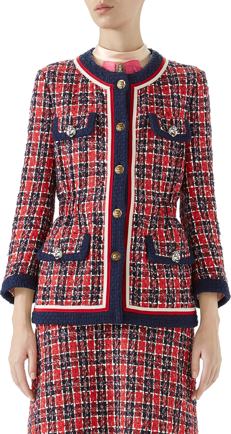 Gucci Button-Front 4-Pocket Woven Tweed Jacket w/ Fitted Waist