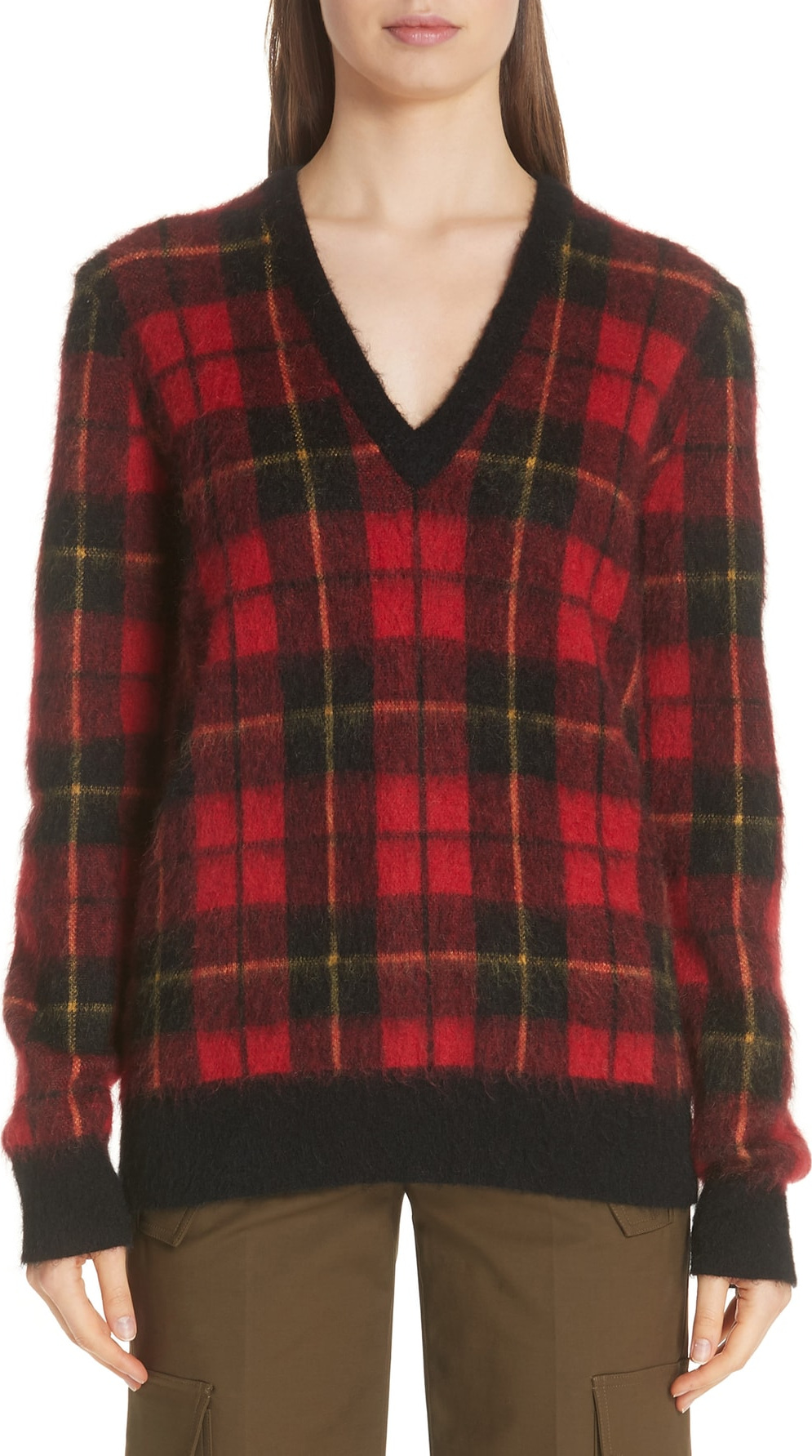 Michael Kors Genuine Calf Hair Elbow Patch Tartan Sweater