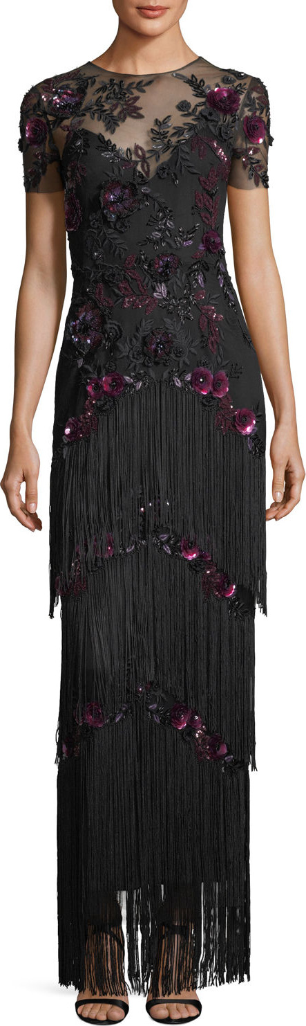Marchesa Notte Short-Sleeve Illusion Fringe Column Gown
