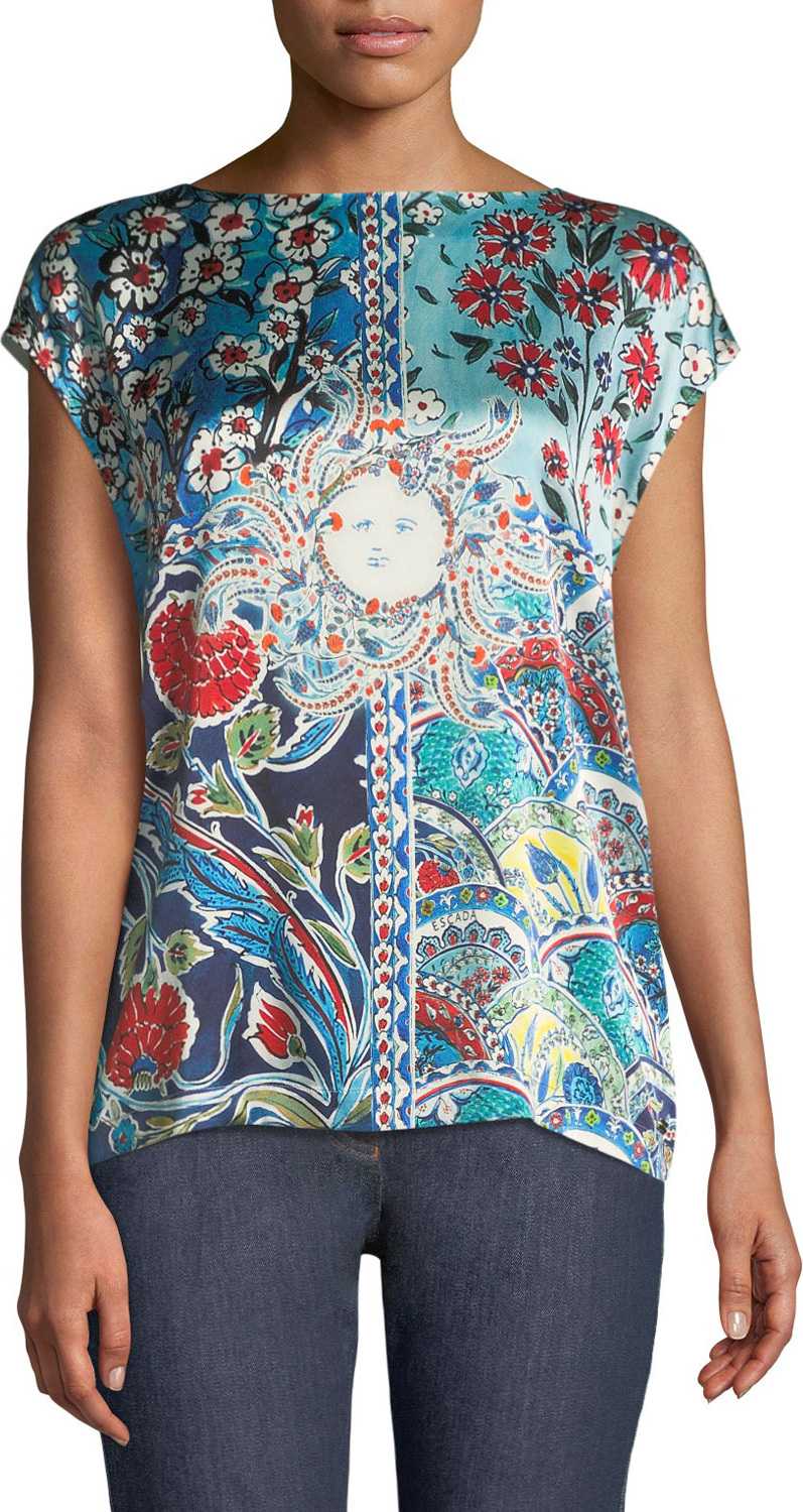 Escada Sundial Floral-Print Cap-Sleeve Tee w/ Knit Back