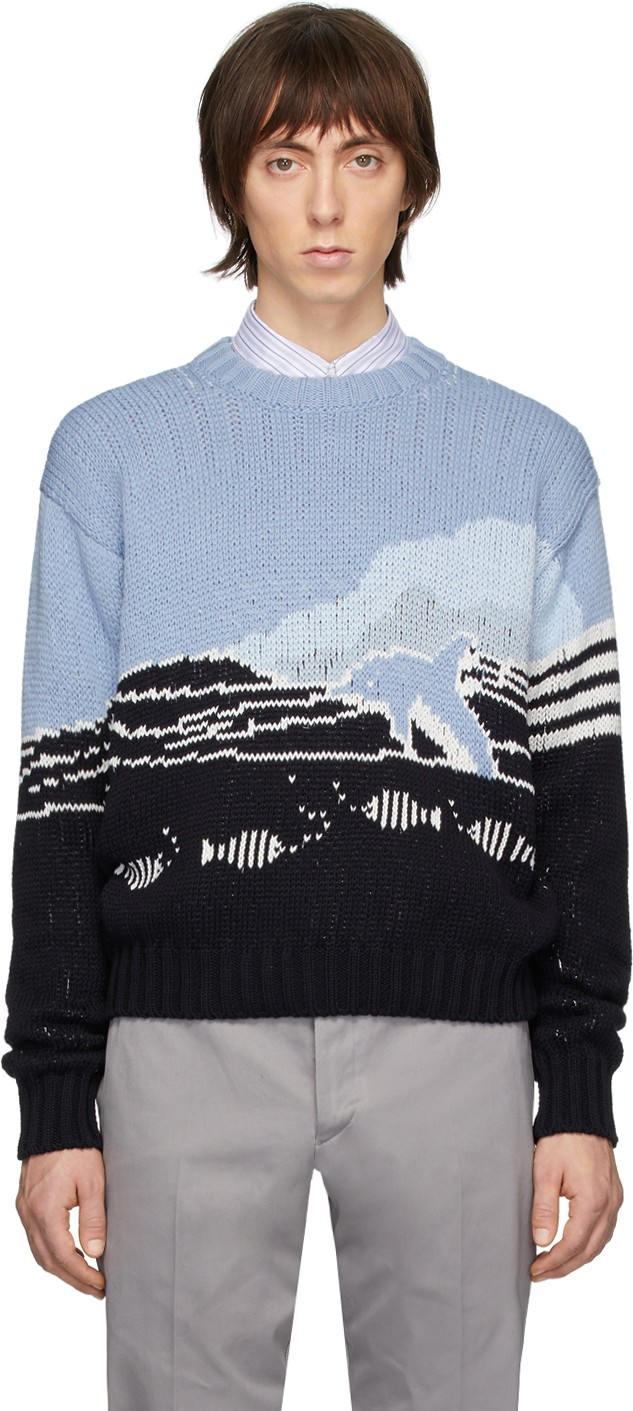 Thom Browne Blue Jacquard Dolphin Sweater