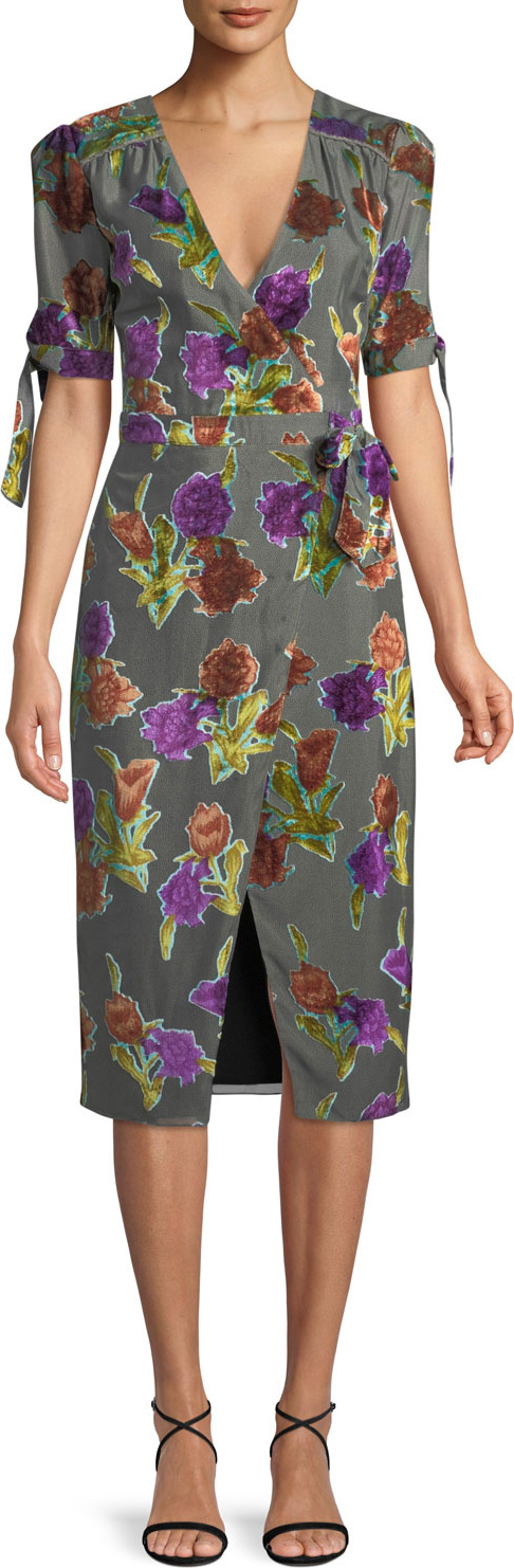 Saylor Floral Burnout Velvet Wrap Dress w/ Short Sleeves