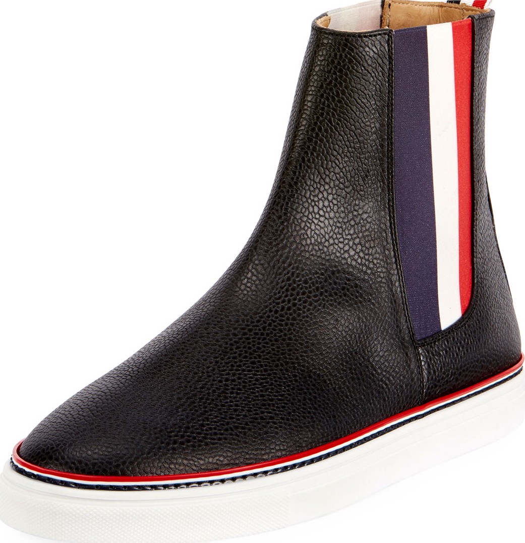 Thom Browne Men's Chelsea Leather High-Top Sneakers with Stripes