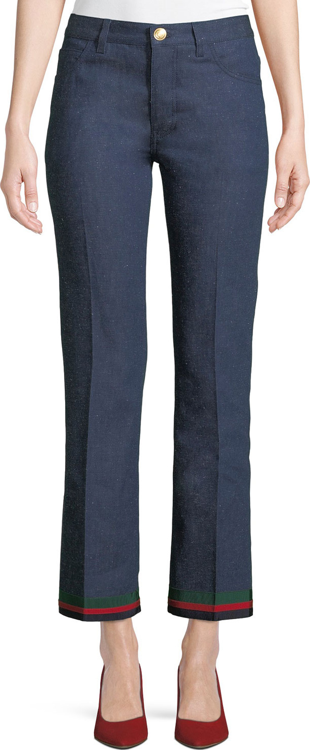 Gucci Rinsed Denim Straight-Leg Jeans with Ribbon Hem & Bunny Patch Gucci Rinsed Denim Straight-Leg Jeans with Ribbon Hem & Bunny Patch