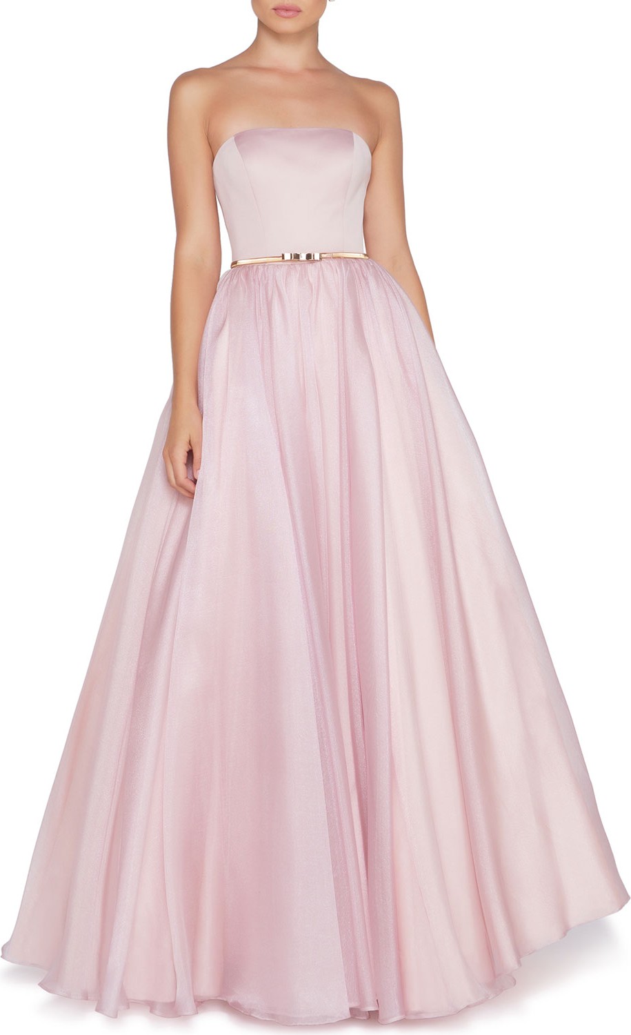 Ieena for Mac Duggal Strapless Organza Ball Gown with Satin Bodice & Bow Belt
