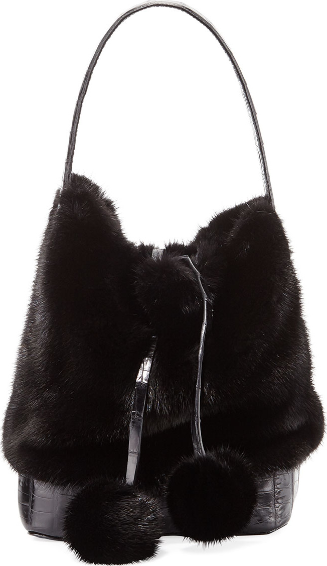 Nancy Gonzalez Nina Small Mink Fur Bucket Bag w/ Crocodile Trim