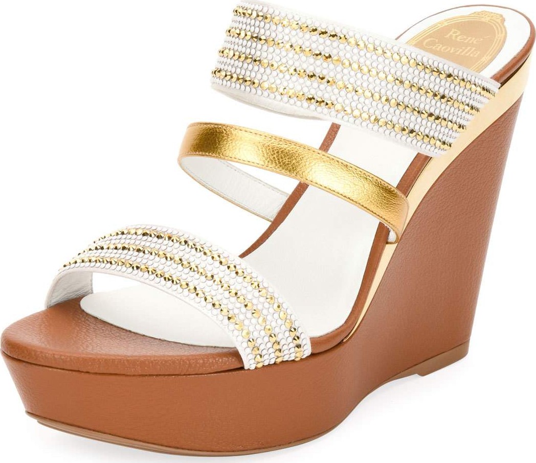 Rene Caovilla Triple-Strap Wedge Slide Sandals