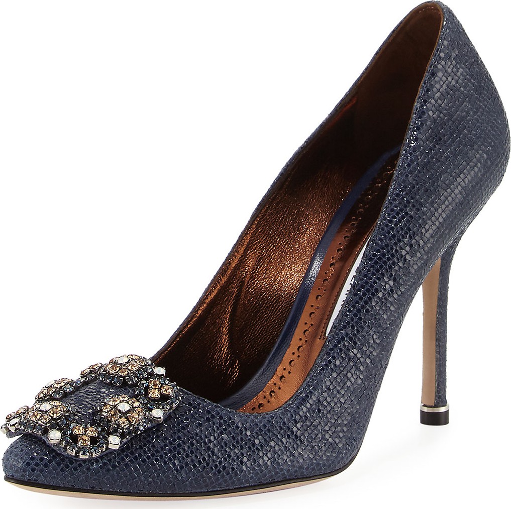 Manolo Blahnik Hangisi Crystal-Buckle Embossed 105mm Pumps
