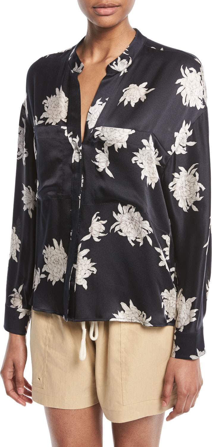 Vince Silk Chrysanthemum Floral Long-Sleeve Pocket Blouse