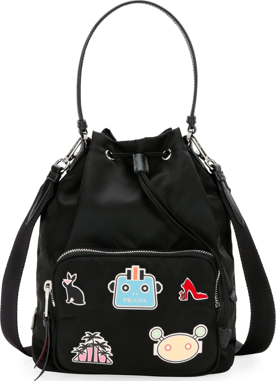 Prada Large Nylon Drawstring Pouch with Grpahic Appliqués