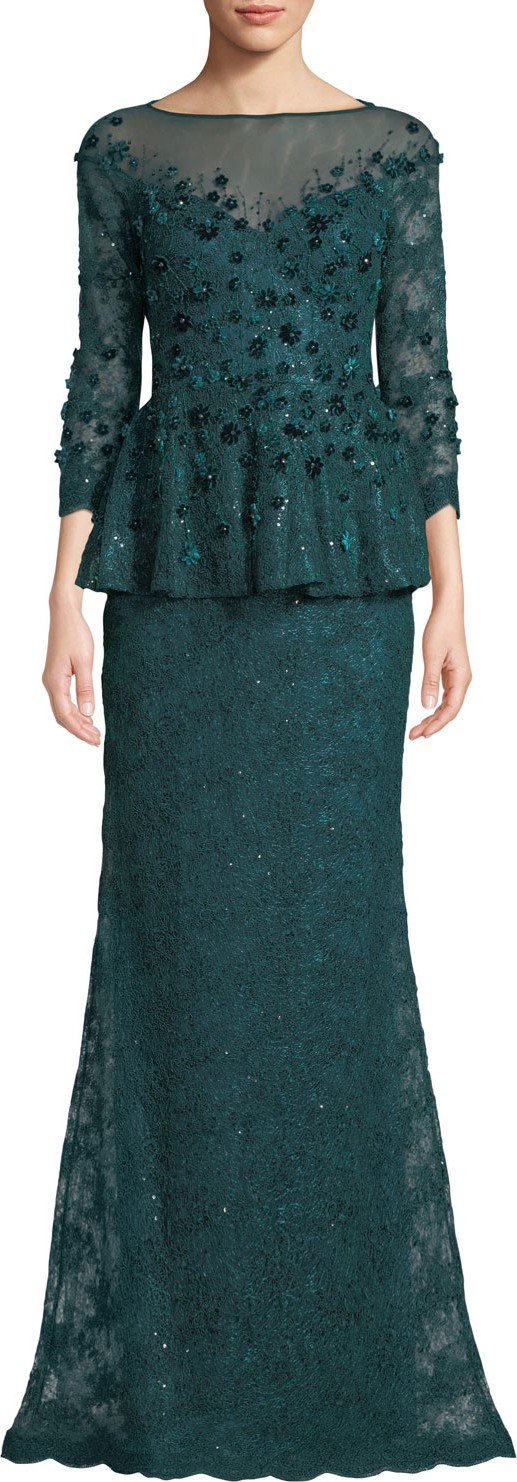 Rickie Freeman for Teri Jon Velvet Flower & Lace Peplum Gown