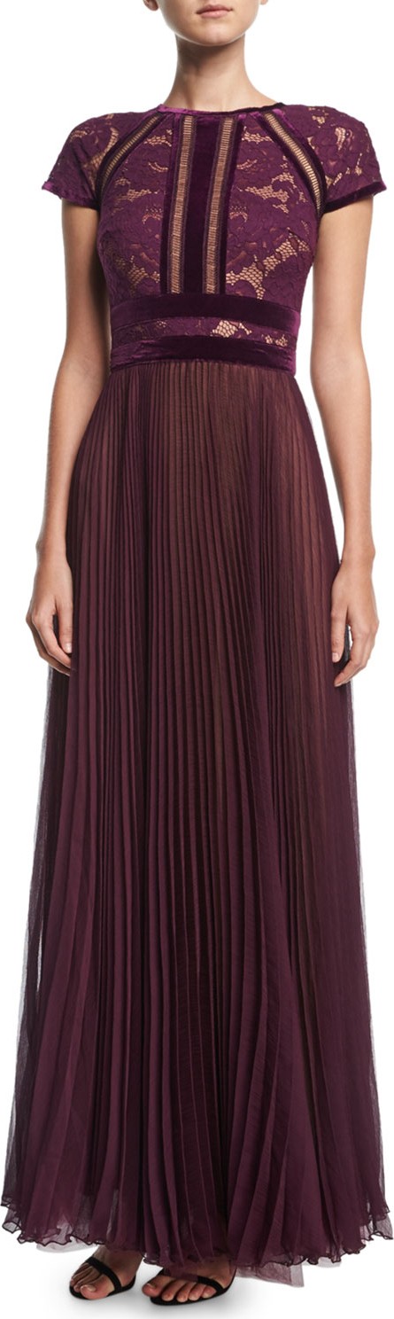 Tadashi Shoji Cap-Sleeve Lace Evening Gown w/ Pleated Chiffon Skirt