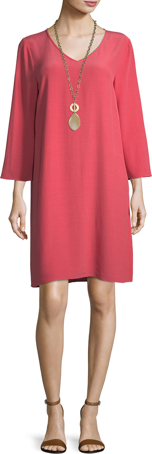 Eileen Fisher Crinkle-Knit Long-Sleeve Shift Dress