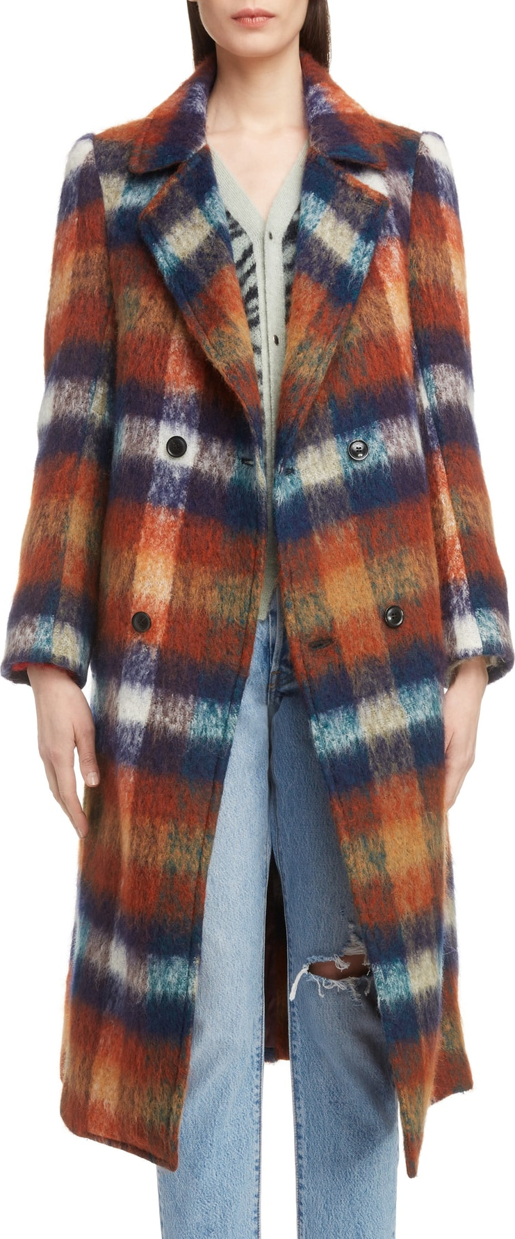 Toga Long Plaid Shaggy Wool & Mohair Blend Coat