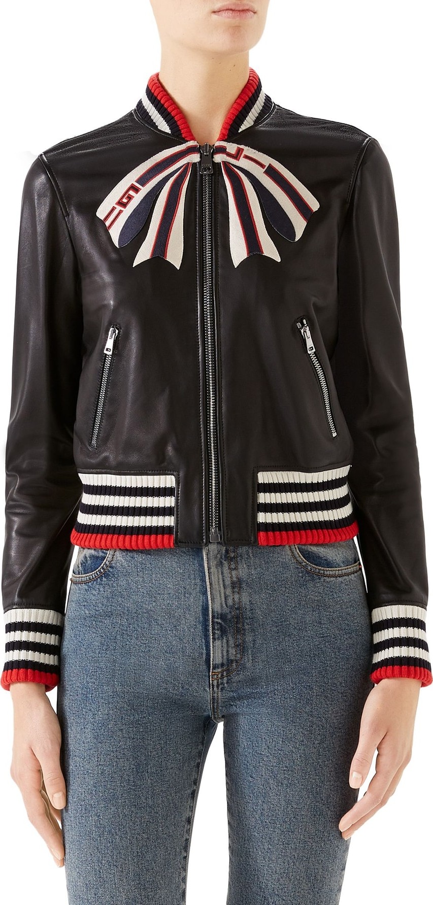 Gucci Trompe L'Oeil Bow Nappa Leather Bomber Jacket