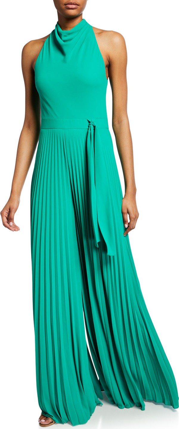 HALSTON HERITAGE High Cowl-Neck Flowy-Leg Sleeveless Jumpsuit