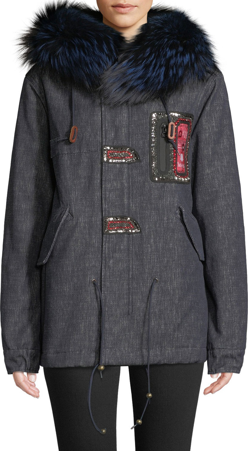 Mr&Mrs Italy Fox Fur-Collar Embroidered Denim Parka Jacket