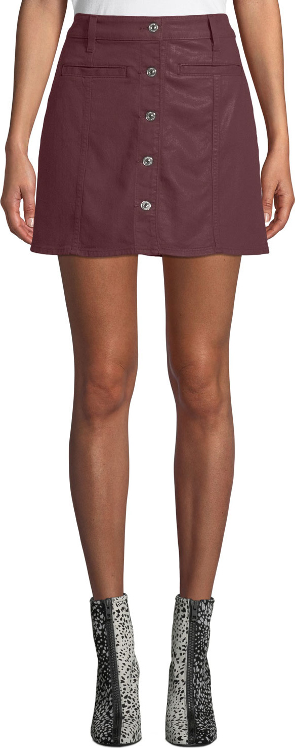 7 For All Mankind Button-Front Coated Twill Mini Skirt