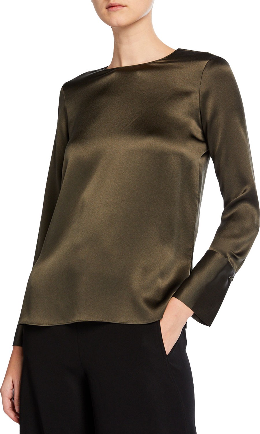 Vince Crewneck Long-Sleeve Silk Blouse