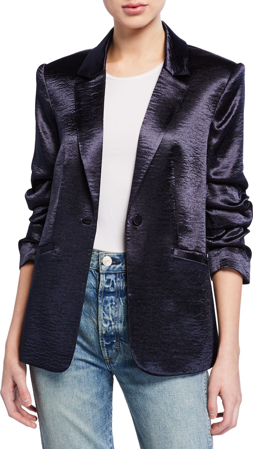 Cinq A Sept Kylie Ruched-Sleeve Satin Blazer Cinq A Sept Kylie Ruched-Sleeve Satin Blazer