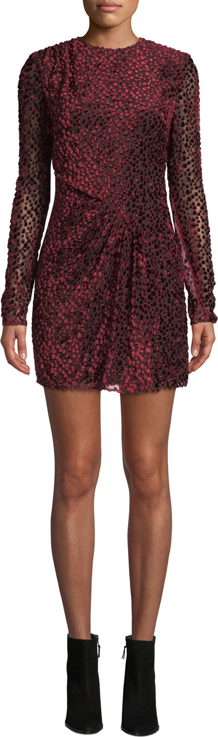 Saint Laurent Jewel-Neck Long-Sleeve Leopard-Devore Mini Cocktail Dress