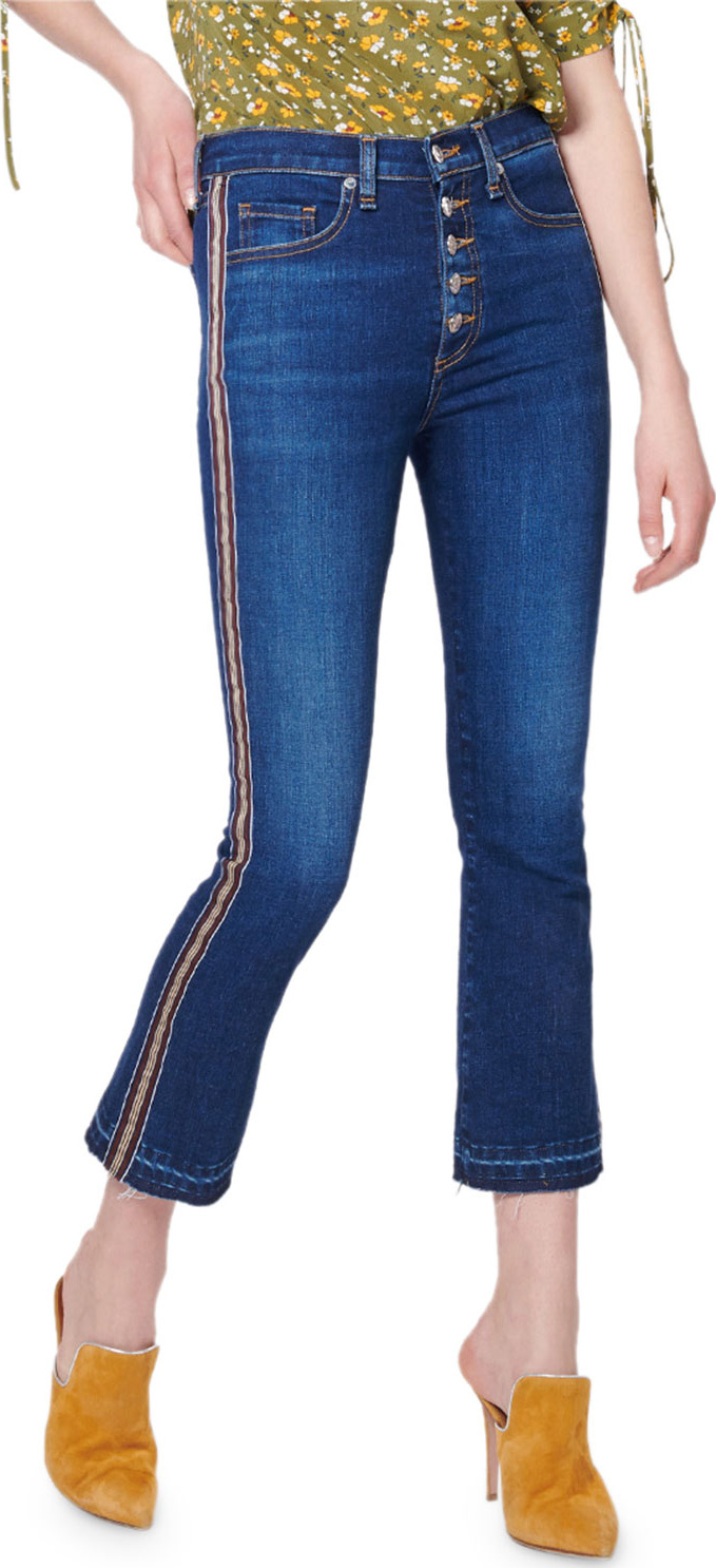 Veronica Beard Carolyn Cropped Baby-Boot Frayed Jeans w/ Tuxedo Stripes