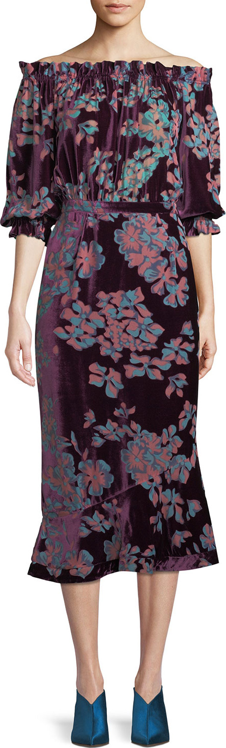 Saloni Grace Midi Floral Stripe-Print Dress